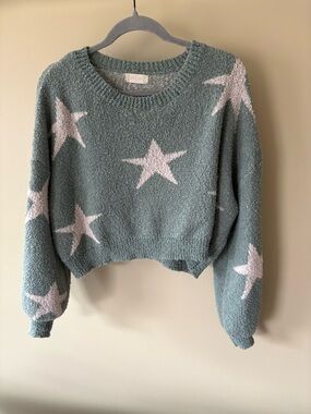 Altar'd State Sage Green Star Cropped Crew Sweater